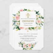 Elegantes rosa Weißes Blumenkreuz Bestätigung Einladung (Vorne/Hinten)