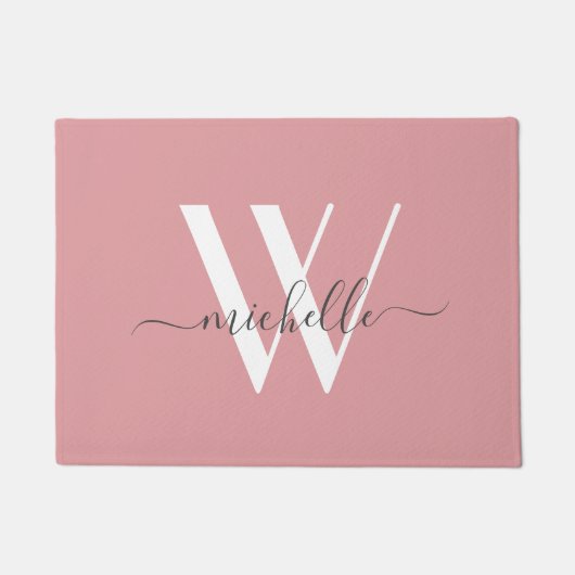Elegantes, rosa, weißes Monogramm Name-Script Fußmatte (Vorderseite)