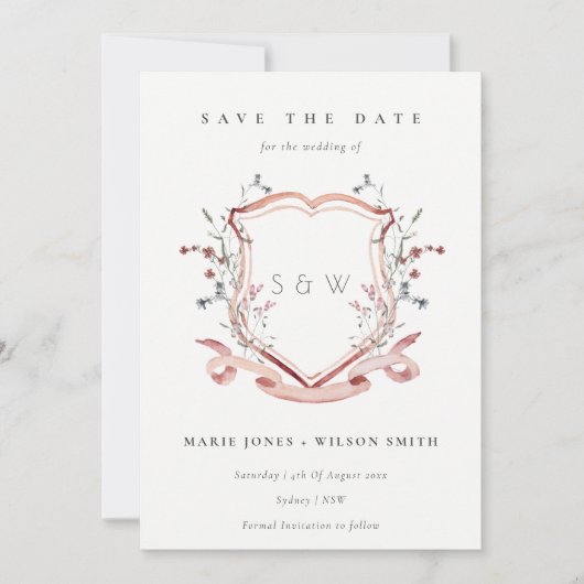 Elegantes rosa Wildblume Monogram Aquarell Wappen Save The Date (Vorderseite)