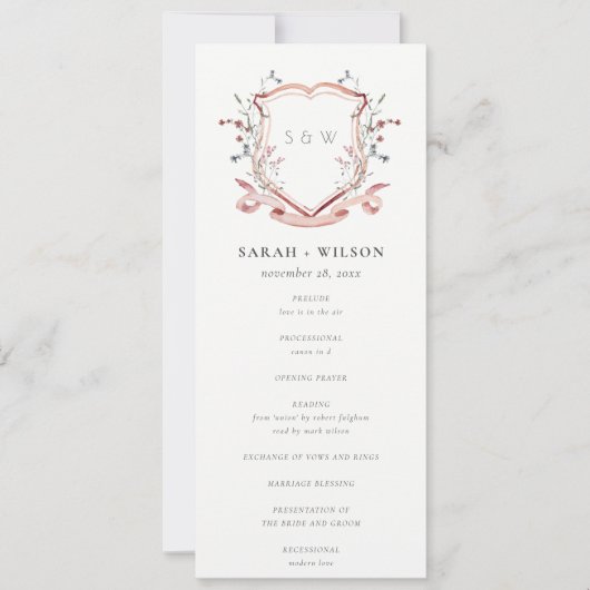 Elegantes Rosa Wildblume Wappen Hochzeitsprogramm Einladung (Vorderseite)