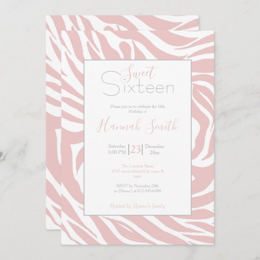 Elegantes Rosa Zebra Weißes Tier Print Einladung (Vorne/Hinten)