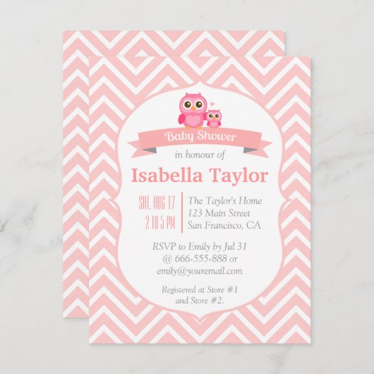 Elegantes rosa Zickzack Owl Baby Girl Dusche Party Einladung (Vorne/Hinten)