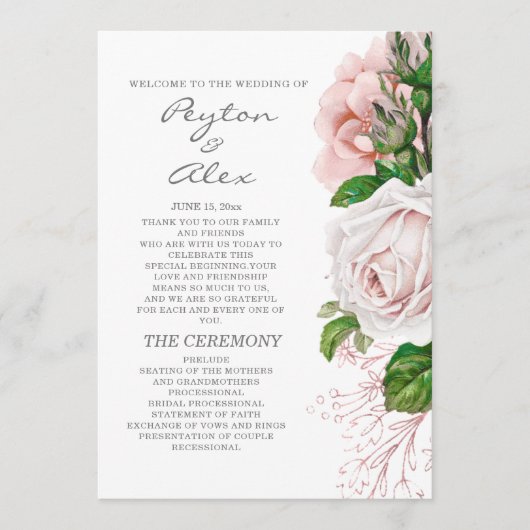 Elegantes rosafarbenes Blumen-Hochzeitsprogramm in Programm (Vorderseite)