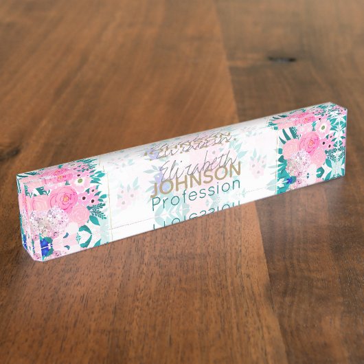 Elegantes rosafarbenes Blumenmuster Namensplakette (Seite)