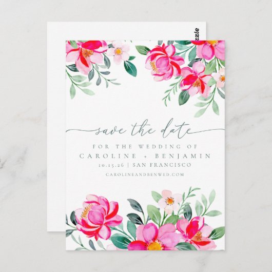 Elegantes rosafarbenes Blumenschrift Rett Datum Postkarte (Vorne/Hinten)