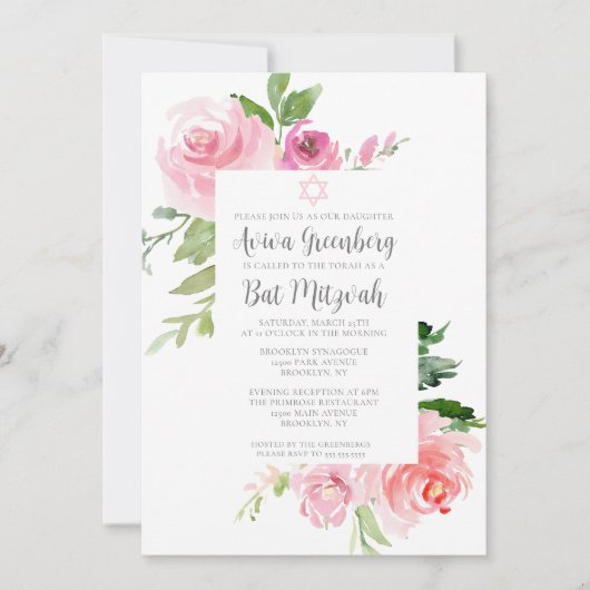 Elegantes rosafarbenes Blumenwasser Bat Mitzvah Pa Einladung (Vorderseite)