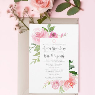Elegantes rosafarbenes Blumenwasser Bat Mitzvah Pa Einladung