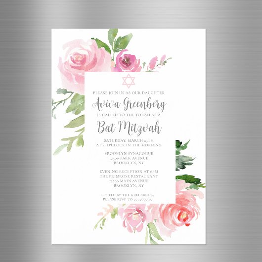 Elegantes rosafarbenes Blumenwasser Bat Mitzvah Pa Magneteinladung