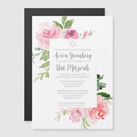 Elegantes rosafarbenes Blumenwasser Bat Mitzvah Pa Magneteinladung (Vorne/Hinten)