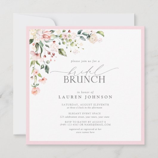 Elegantes rosafarbenes Botanisches Bridal Brunch Einladung (Vorderseite)