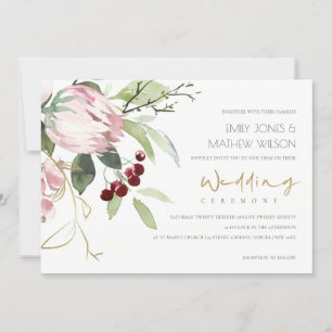 ELEGANTES ROSAFARBENES BURGUND-PROTEA-HOCHZEITSBLU EINLADUNG