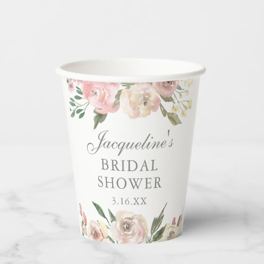 Elegantes, rosafarbenes, florales Brautparty Pappbecher (Vorderseite)