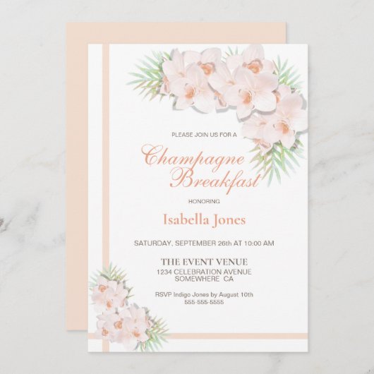 Elegantes rosafarbenes, florales Champagnerfrühstü Einladung (Vorne/Hinten)