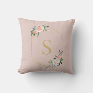 Elegantes rosafarbenes, florales Gold-Script Mit M Kissen