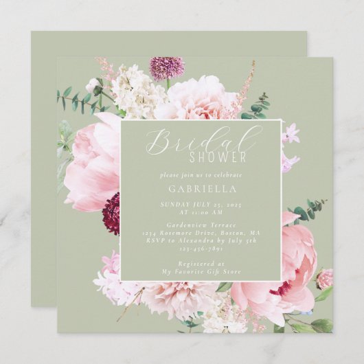 Elegantes rosafarbenes, florales helles Brautparty Einladung (Vorne/Hinten)