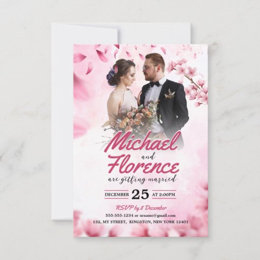 Elegantes rosafarbenes florales Modern Weding Foto Einladung (Vorderseite)