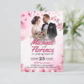 Elegantes rosafarbenes florales Modern Weding Foto Einladung (Stehend Vorderseite)