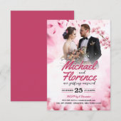 Elegantes rosafarbenes florales Modern Weding Foto Einladung (Vorne/Hinten)