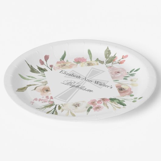 Elegantes rosafarbenes florales Taufen Religiöses Pappteller (Schrägansicht)