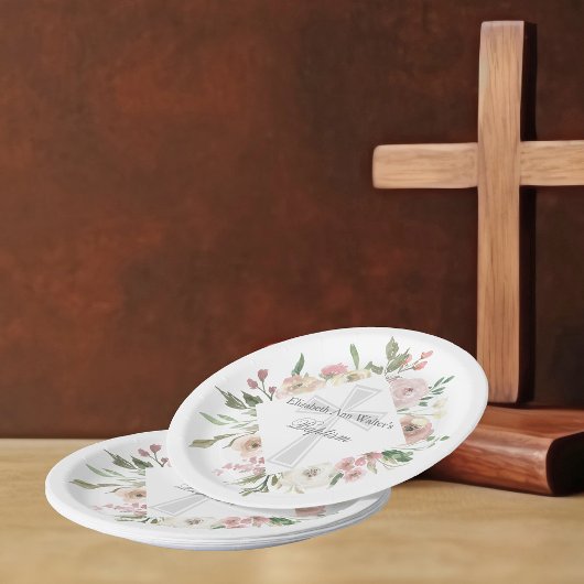 Elegantes rosafarbenes florales Taufen Religiöses Pappteller