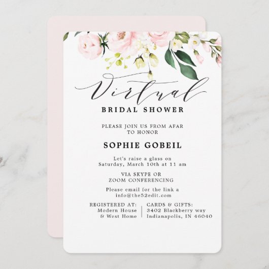 Elegantes, rosafarbenes, florales VIRTUTAL-Brautpa Einladung (Vorne/Hinten)