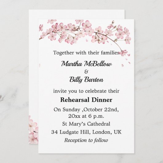 Elegantes rosafarbenes Kirschblossom Probe Abendes Einladung (Vorne/Hinten)