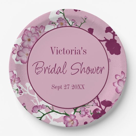 Elegantes rosafarbenes Kirschblüten-Brautparty Pappteller (Vorderseite)