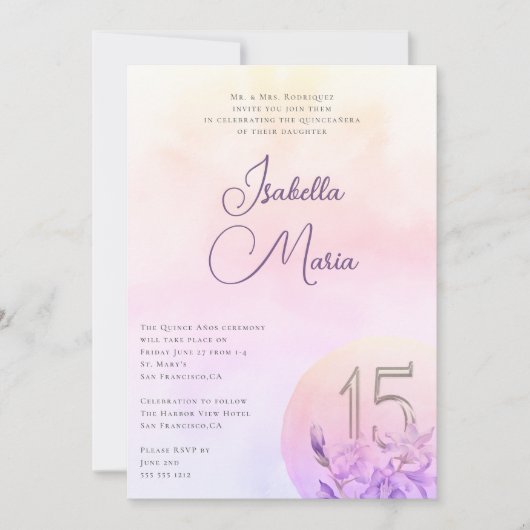 Elegantes rosafarbenes Lila Quinceanera-Party Einladung (Vorderseite)