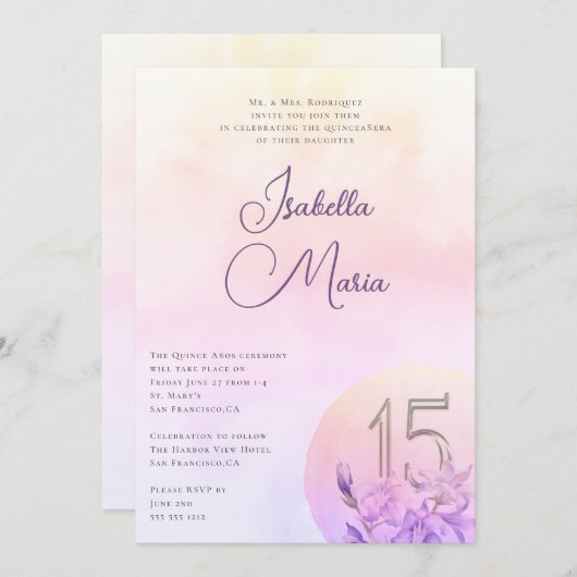 Elegantes rosafarbenes Lila Quinceanera-Party Einladung (Vorne/Hinten)