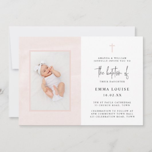 Elegantes rosafarbenes Minimalistisches Foto Taufe Einladung (Vorderseite)