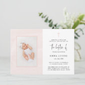 Elegantes rosafarbenes Minimalistisches Foto Taufe Einladung (Stehend Vorderseite)