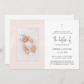 Elegantes rosafarbenes Minimalistisches Foto Taufe Einladung (Vorne/Hinten)