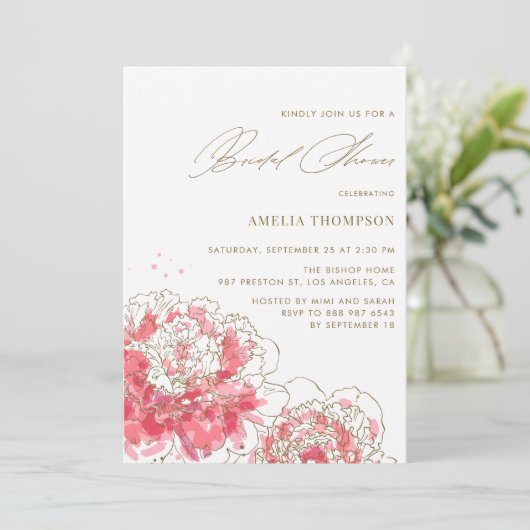 Elegantes rosafarbenes, modernes Peonies-Brautpart Einladung (Stehend Vorderseite)