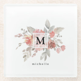 Elegantes rosafarbenes Monogramm der grauen Blume Glasuntersetzer