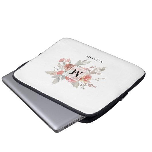 Elegantes rosafarbenes Monogramm der grauen Blume Laptopschutzhülle (Vorne Knopf)