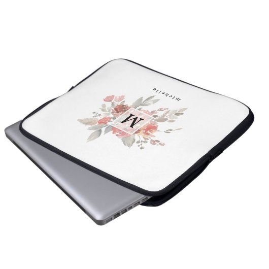 Elegantes rosafarbenes Monogramm der grauen Blume Laptopschutzhülle (Vorne Knopf)