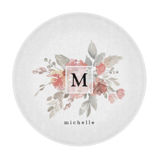 Elegantes rosafarbenes Monogramm der grauen Blume Schneidebrett (Vorderseite)