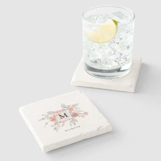 Elegantes rosafarbenes Monogramm der grauen Blume Steinuntersetzer (Seitenansicht)