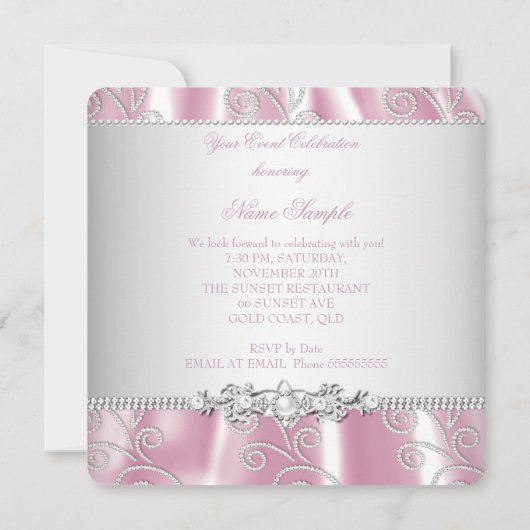 Elegantes rosafarbenes silberfarbenes Diamant-Over Einladung (Rückseite)