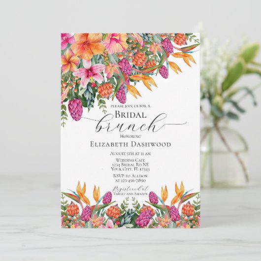 Elegantes rosafarbenes tropisches Brautparty Einladung (Stehend Vorderseite)