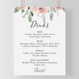 Elegantes Rosé-Blüten-Hochzeit-Getränkekarte-Schil Poster