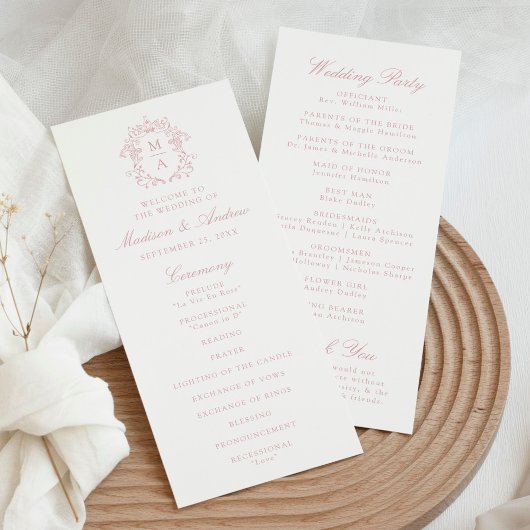 Elegantes Rose Chinoiserie Wappen Hochzeitsprogram