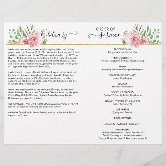 Elegantes Rose Foto Gedenkfeierprogramm (Rückseite)