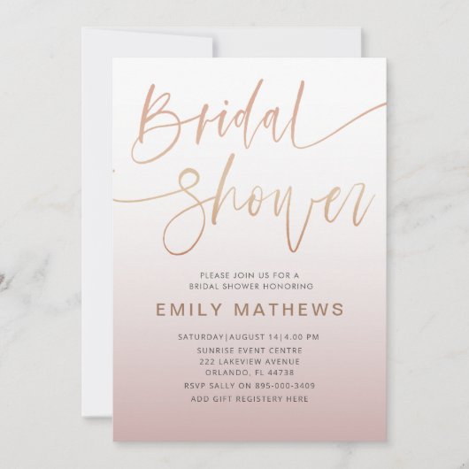 Elegantes Rose Gold Calligraphy Brautparty Einladung (Vorderseite)