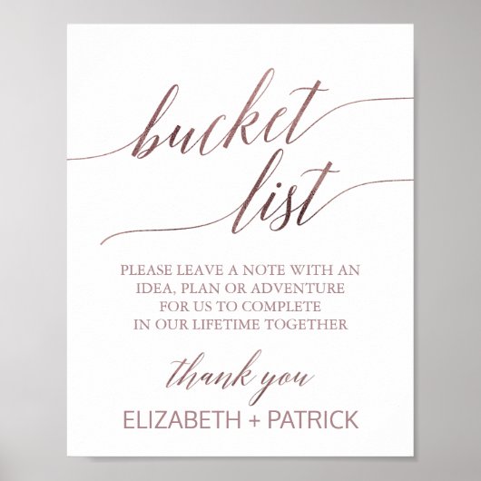 Elegantes Rose Gold Calligraphy Bucket List-Zeiche Poster (Vorne)