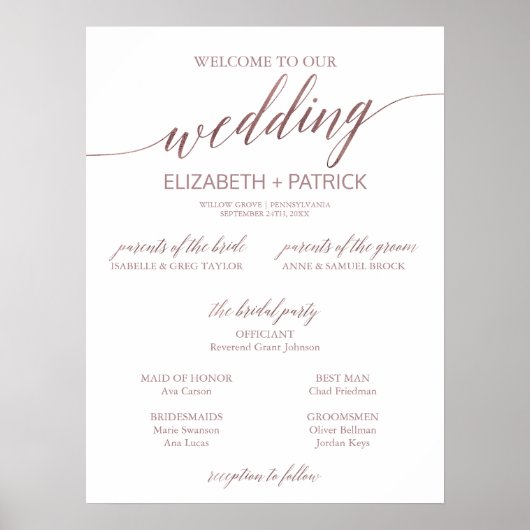 Elegantes Rose Gold Calligraphy Sm Wedding Program Poster (Vorne)