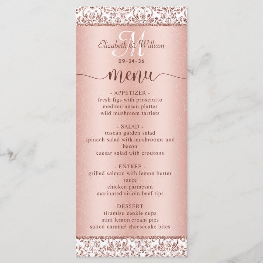 Elegantes Rose Gold Damask Monogram Wedding Menu Programm (Vorderseite)