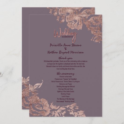 Elegantes Rose Gold Floral Lila Hochzeitsprogramm Programm (Vorne/Hinten)