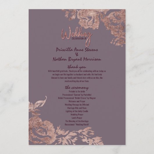 Elegantes Rose Gold Floral Lila Hochzeitsprogramm Programm (Vorderseite)