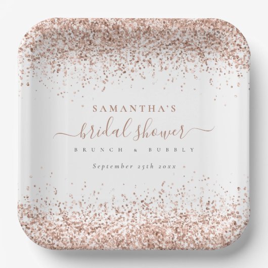 Elegantes Rose Gold Glitzer Name Brautparty Pappteller (Vorderseite)